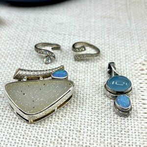 Vintage Sterling Silver Pendant & Ring Set w/ Druzy, Chalcedony & Opal